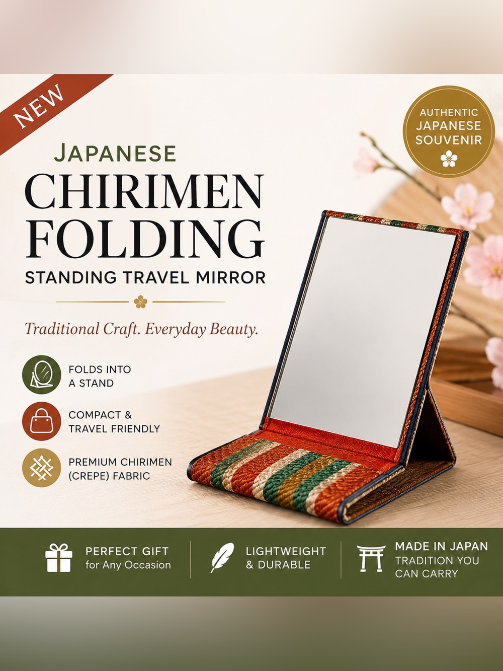 NEW Japanese Chirimen Crepe Fabric Folding Compact Mirror Standing Travel Mirror